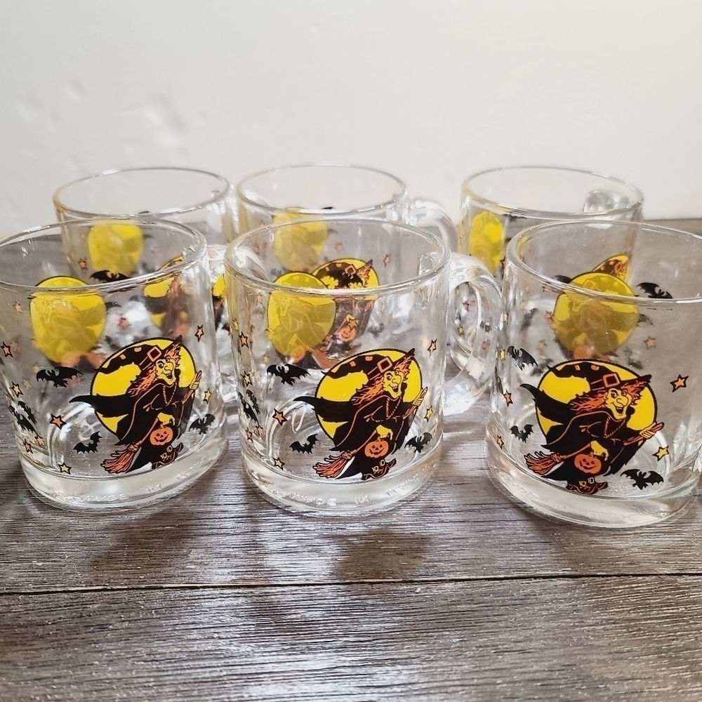Vintage Halloween Clear Glass Witch Full Moon Bats Mug Set of 6